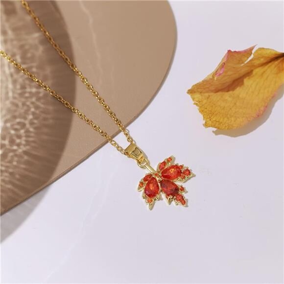Crystal Maple Leaf Necklace | Sparkly Orange Red Pendant | Elegant Fall Jewelry - Picture 5 of 5